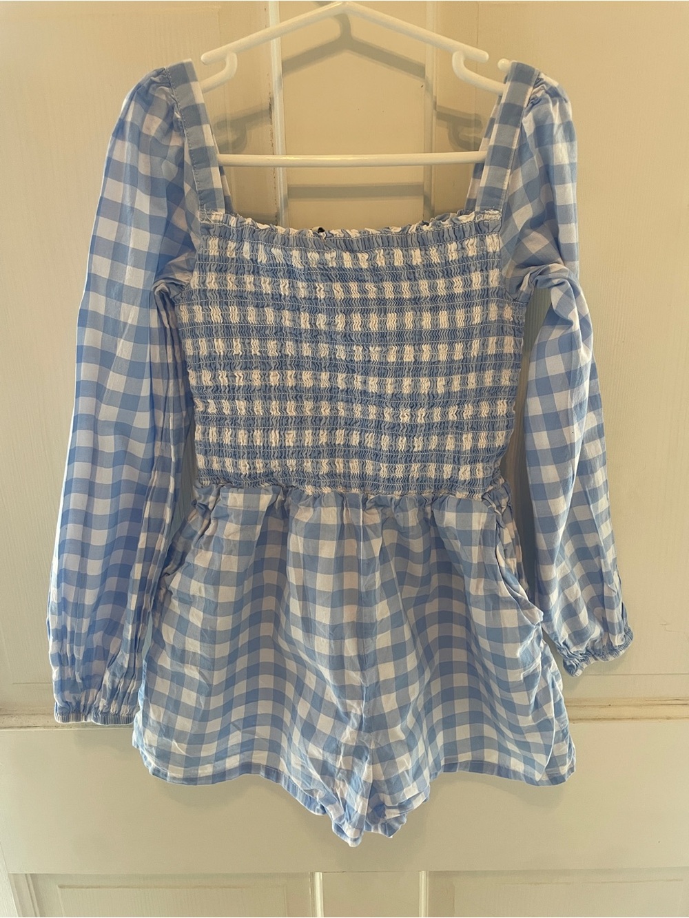 Janie & Jack Blue and White Gingham Smocked Romper